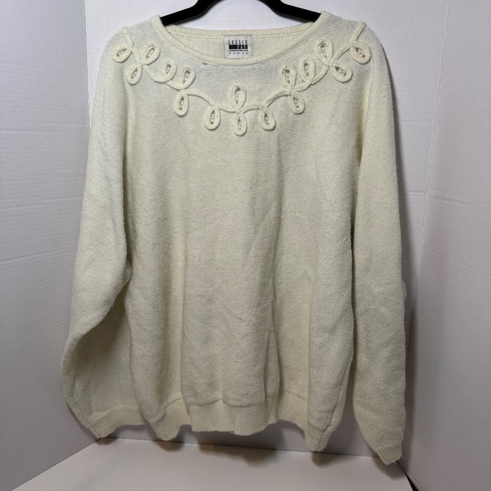 Vtg 90s Leslie Fay Sportswear‎ Woman Cream Cable Knit Embellished Sweater 3X